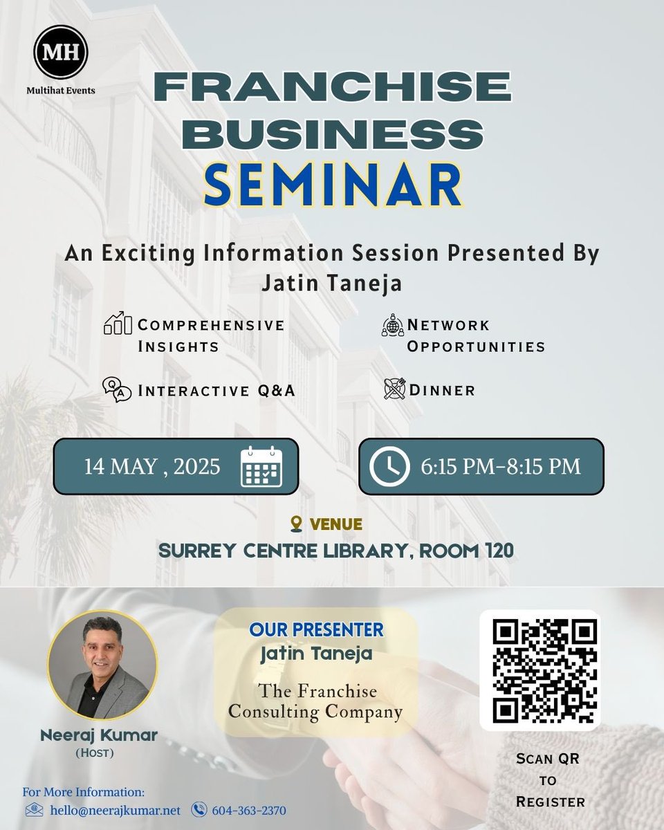 This event is more than just a seminar; it's a chance to be part of a growing network that supports and uplifts each other. Don't miss out on this opportunity to expand your horizons and connect with the Desipreneur community. Read more neerajkumar.net/vancouver-desi…