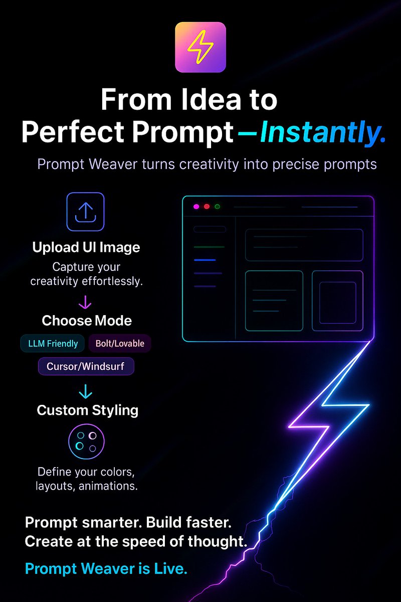 promptweaver's tweet photo. Prompt Weaver is now live!
Turn your sketches, UIs, or project docs into clean, one-shot prompts β built for LLMs, @cursor_ai,@windsurf_ai,@boltdotnew,@lovable. No retries. No wasted tokens
π https://t.co/BsxzfEpRAK
#PromptWeaver #AI #PromptEngineering #GenAI #Launch https://t.co/8WPNhGdhRE