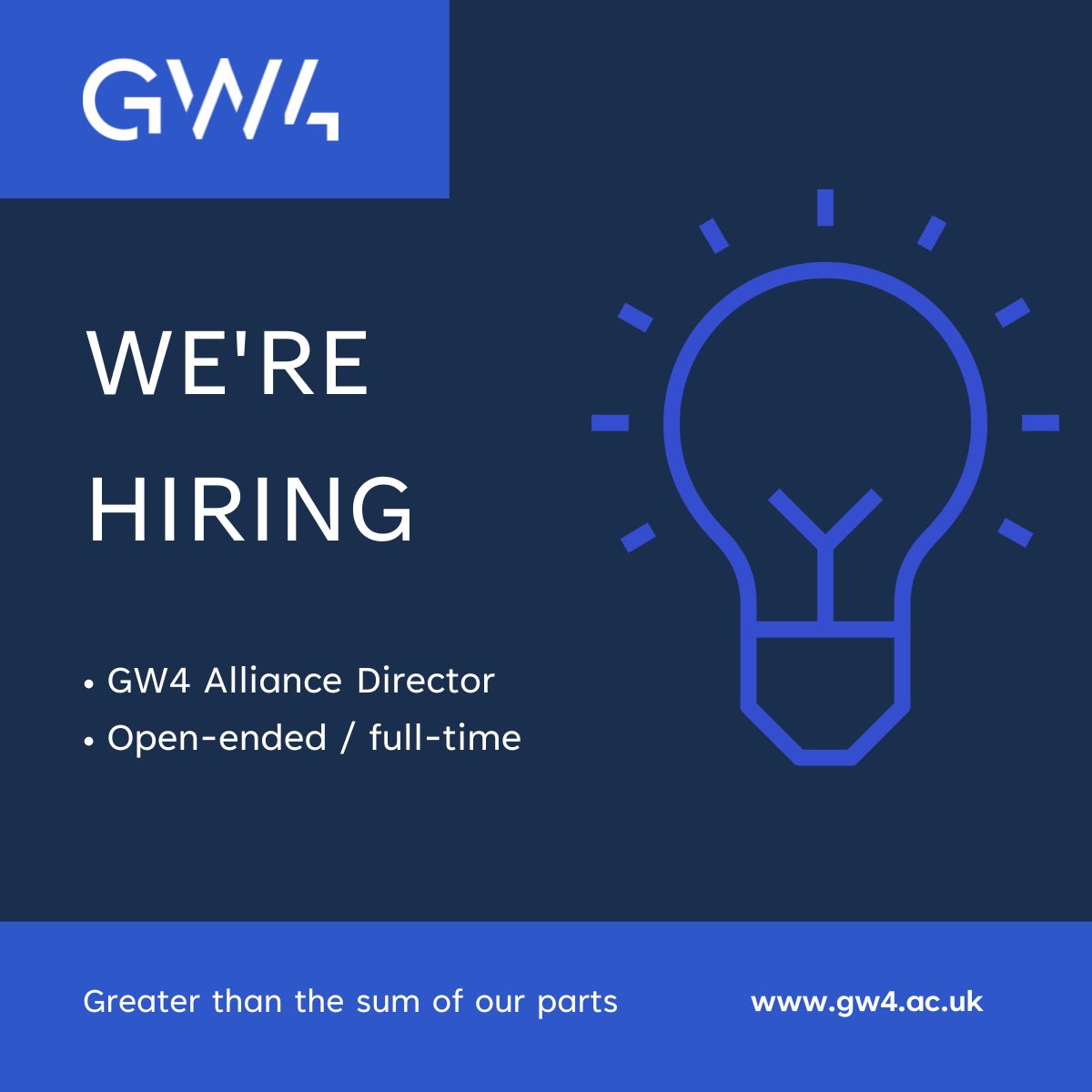 Could you be the next Director of the GW4 Alliance and lead a powerhouse of research collaboration?
 
We are seeking a visionary Director to lead our strategic direction and shape the future of collaborative research and innovation.

Find out more: lnkd.in/eqqvamuY