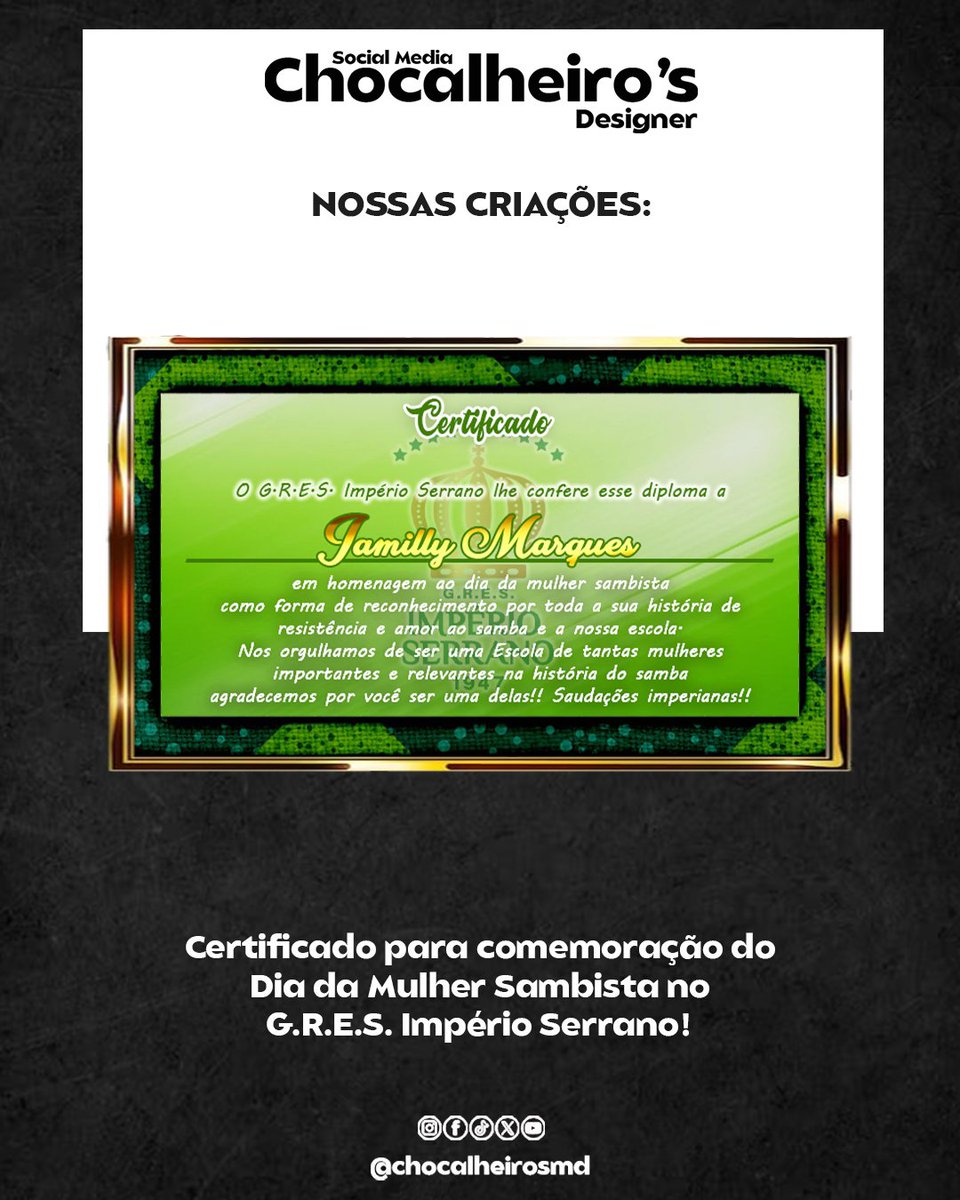 chocalheirosmd's tweet photo. TRABALHOS! 🎶🎙️🎼

Dia 13 de Abril é o dia da Mulher Sambista, 3 a Paula Maria, Vice-Presidente Cultural do Império Serrano, nos procurou para elaborar um lindo Certificado em homenagem a algumas, das tantas Sambistas que contribuem para o Carnaval Carioca!

#chocalheirosdesigner https://t.co/ULynOgrKnq