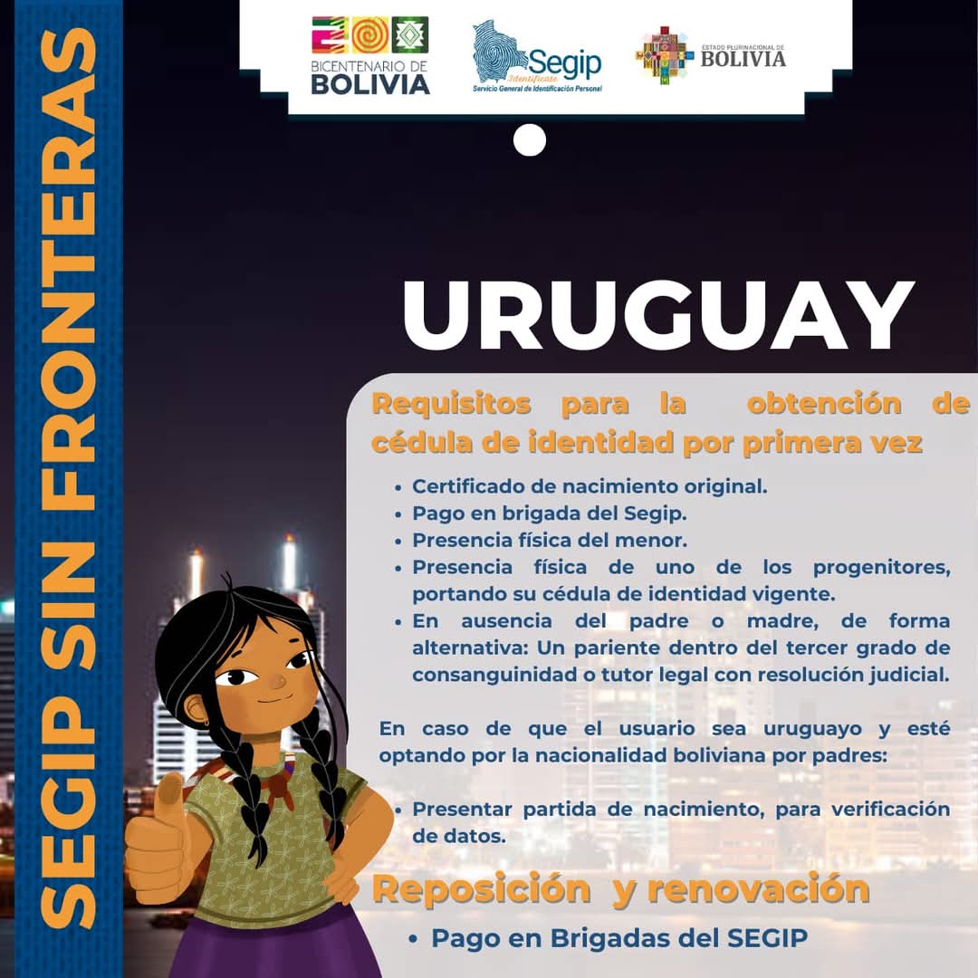 Este sábado 3 y domingo 4 de mayo, llega a Montevideo nuestro programa "Segip sin Fronteras", estaremos en la Embajada de Bolivia en Uruguay, calle Dr. Prudencio de Pena #2469, para que obtenga su cédula de identidad o acceda al servicio de saneamiento documental.
