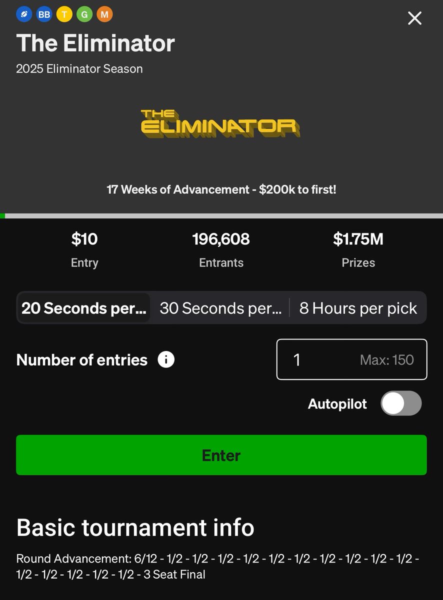 FFbGarage's tweet image. 🧵What’s it take to win Underdog’s $1.75M The Eliminator tournament? Well you only need to beat 23 teams over the course of 17 weeks, which doesn’t sound too bad until you consider…👇
(1/7)