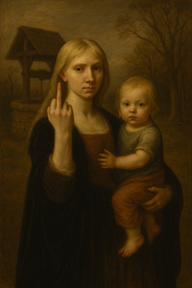 This 17th century painting titled “Fatigue” captures a striking juxtaposition between classical formality and raw, modern emotion. The artist has masterfully used chiaroscuro to emphasize the figures’ presence against a brooding, muted background, while the mother’s