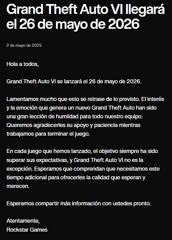trashudo's tweet photo. 🚨 ¡ÚLTIMA HORA! 🚨
¡GTA 6 se retrasa oficialmente!
Rockstar acaba de anunciar que el juego no saldrá en 2025 como muchos esperábamos…
🔥 Nueva fecha: 26 de mayo de 2026 🔥 https://t.co/qNsGKLICEA