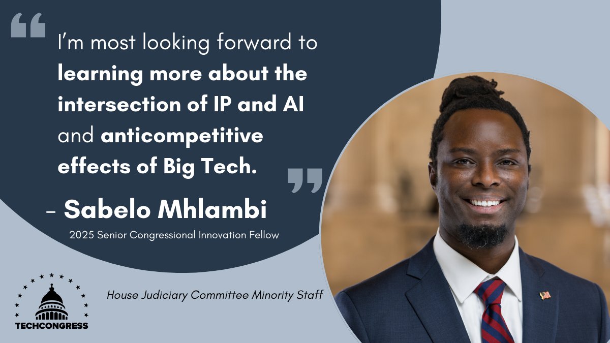 💡 Sabelo’s interest in #technology, #research and #AI ethics motivates him to help generate inclusive access to emerging technologies. He supports his committee on issues related to intellectual property and antitrust. 

Read more: techcongress.io/blog/2025-plac…