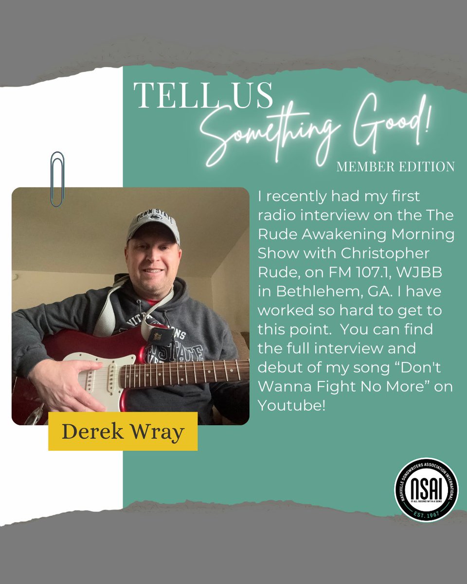 NSAIofficial's tweet photo. Telling Us Something Good this month are members Dave Freeman, Derek Wray and Emma Sue! Love hearing all of your good news!
#songwriting #songwriter #singersongwriter #musiccity #inspiration #songwriterlife #songwriters #itallbeginswithasong #tellussomethinggood #goodnews https://t.co/GniFBFrtn4