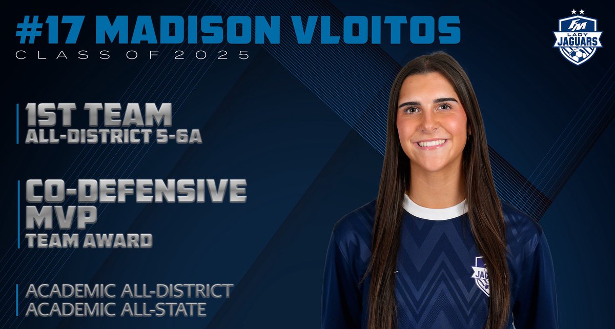 🏅DISTRICT HONORS: MADISON VLOITOS

1st Team All-District
Academic All-District &amp; All-State
Team Co-Defensive MVP

Madison brought toughness and consistency to our back line all season—an absolute force on defense!