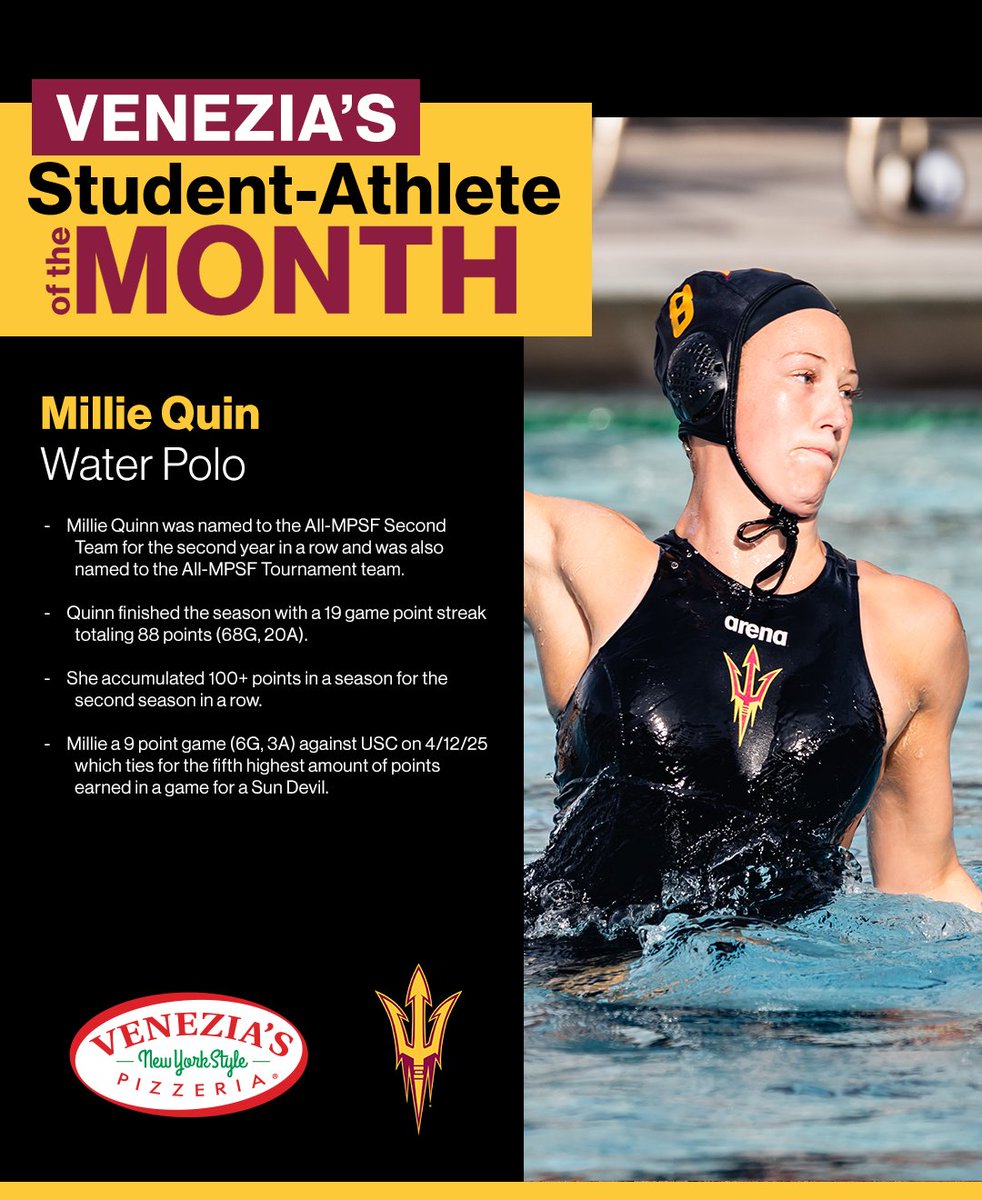 Arizona State Sun Devils (@thesundevils) on Twitter photo Congratulations to <a href="/SunDevilWP/">Sun Devil Water Polo</a>'s Millie Quinn for being named Venezia's Student-Athlete of the Month! Congratulations to <a href="/SunDevilWP/">Sun Devil Water Polo</a>'s Millie Quinn for being named Venezia's Student-Athlete of the Month!