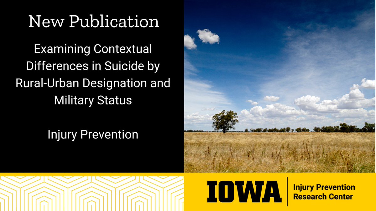 UIowa Injury Center (@uiiprc) on Twitter photo A new <a href="/UIIPRC/">UIowa Injury Center</a> study published in <a href="/IP_BMJ/">Injury Prevention</a> examined how mental health and substance use factors vary among #suicide decedents based on #military status and #rural or urban residence. Researchers found that rural civilians and rural military-affiliated individuals were less likely A new <a href="/UIIPRC/">UIowa Injury Center</a> study published in <a href="/IP_BMJ/">Injury Prevention</a> examined how mental health and substance use factors vary among #suicide decedents based on #military status and #rural or urban residence. Researchers found that rural civilians and rural military-affiliated individuals were less likely