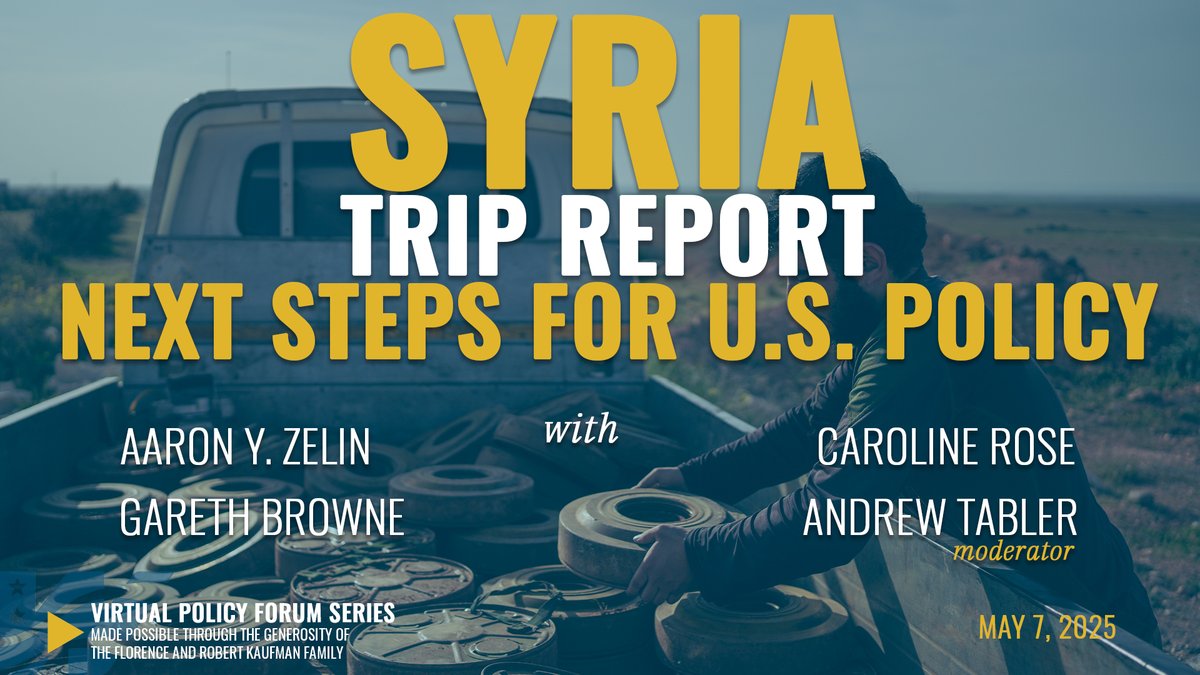 Washington Institute (@washinstitute) on Twitter photo Join us on Wednesday, May 7 at 12pm ET as <a href="/azelin/">Aaron Y. Zelin</a> <a href="/CarolineRose8/">Caroline Rose</a> and <a href="/BrowneGareth/">Gareth Browne</a> discuss Syria since the fall of Assad. <a href="/Andrewtabler/">Andrew J. Tabler</a> will moderate the conversation. #TWIPolicyForum
📺Watch: washingtoninstitute.org/policy-analysi… Join us on Wednesday, May 7 at 12pm ET as <a href="/azelin/">Aaron Y. Zelin</a> <a href="/CarolineRose8/">Caroline Rose</a> and <a href="/BrowneGareth/">Gareth Browne</a> discuss Syria since the fall of Assad. <a href="/Andrewtabler/">Andrew J. Tabler</a> will moderate the conversation. #TWIPolicyForum
📺Watch: washingtoninstitute.org/policy-analysi…