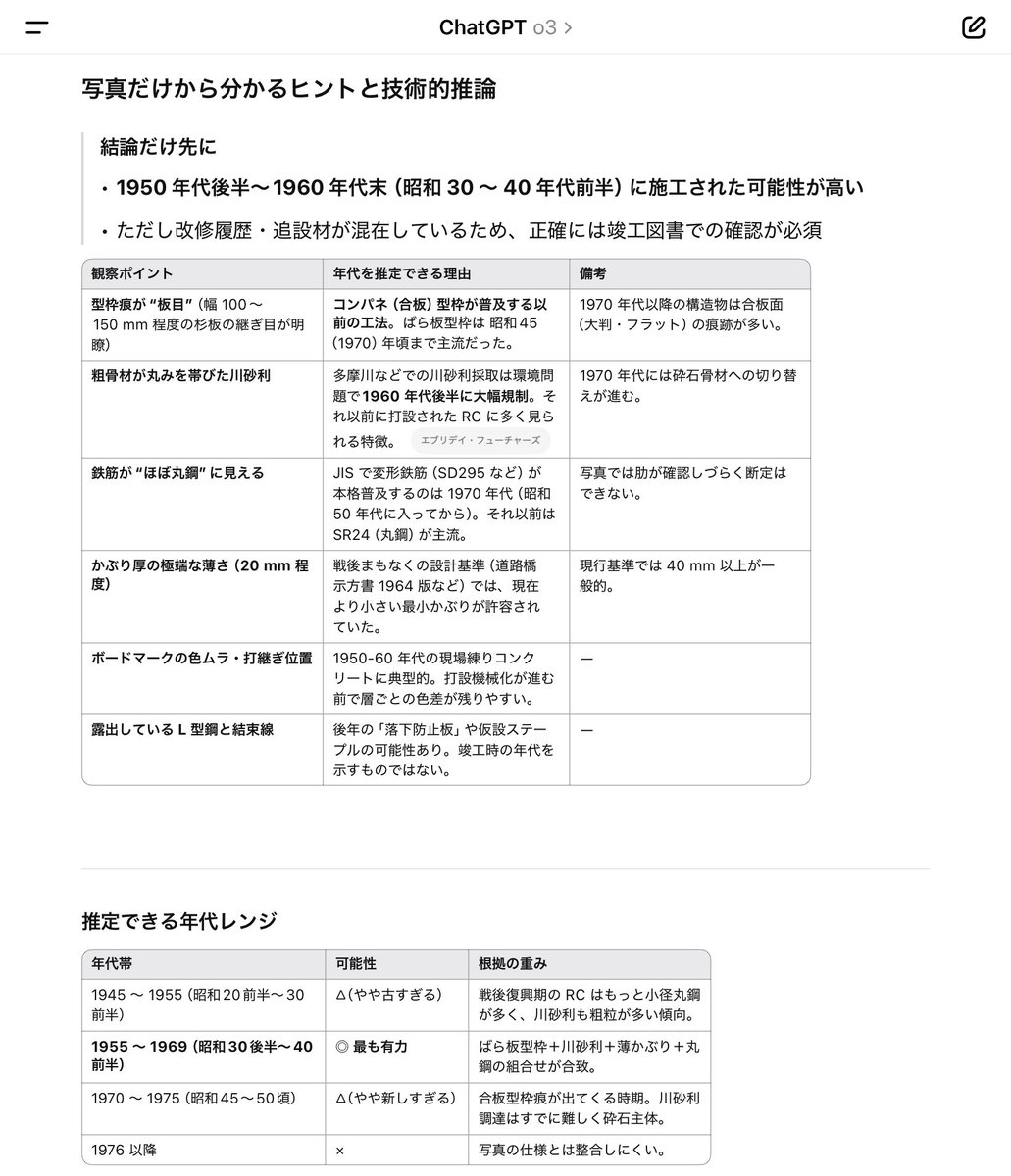 chatGPT o3の画像分析は，コンクリート橋の評価でもそこそこ使えそう．添付の剥落した写真で評価させると，損傷状態の解説から推定原因，点検要領に基づく判定，今後の対策まで自動で出た．川石や丸鋼まで認識できている．
精度はそこそこだけどai自動判定が一応実現できている💦