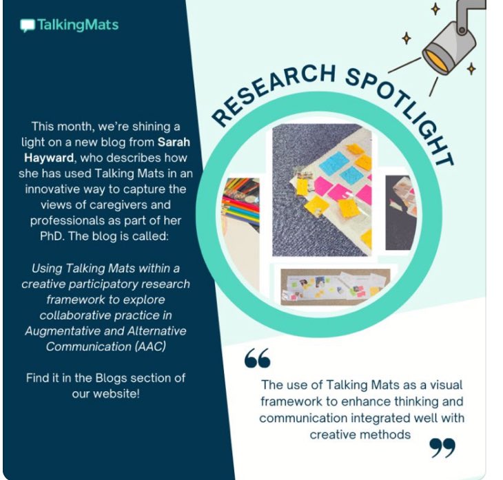 Sarah Hayward (@sarahhayward25) on Twitter photo Thank you to <a href="/TalkingMats/">TalkingMats</a> for the research spotlight and shout out to my amazing co-researcher Joanna Holmes and supervisors <a href="/steven_bloch/">Professor Steven Bloch</a> <a href="/MT_Clarke/">Michael Clarke</a> <a href="/DanHayesPhD/">Daniel Hayes, PhD</a> <a href="/UCLLangCog/">UCL Language & Cognition</a> <a href="/RCSLTResearch/">RCSLTResearch</a> <a href="/UCL_MScSLS/">UCL speech & language therapy</a> #AAC
🔗
talkingmats.com/blog/ Thank you to <a href="/TalkingMats/">TalkingMats</a> for the research spotlight and shout out to my amazing co-researcher Joanna Holmes and supervisors <a href="/steven_bloch/">Professor Steven Bloch</a> <a href="/MT_Clarke/">Michael Clarke</a> <a href="/DanHayesPhD/">Daniel Hayes, PhD</a> <a href="/UCLLangCog/">UCL Language & Cognition</a> <a href="/RCSLTResearch/">RCSLTResearch</a> <a href="/UCL_MScSLS/">UCL speech & language therapy</a> #AAC
🔗
talkingmats.com/blog/