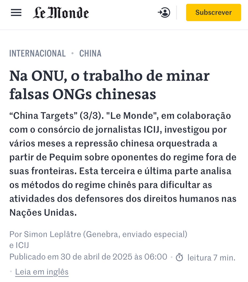 Le Monde revela: 106 “ONGs” chinesas com crachá de direitos humanos na ONU, nenhuma independente; metade tocada por quadros do Partido. Imagina quanta ong no Brasil é bancada pelo partido comunista chinês.