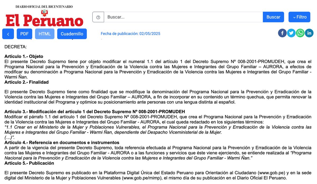 Ojo_Publico's tweet photo. #NormasLegales 🔎El #ProgramaAurora, para la erradicación de la violencia contra mujeres e integrantes del grupo familiar, cambia su nombre a “Warmi Ñan”. El objetivo, según Gobierno, es renovar la identidad institucional y mejorar su llegada a personas que no hablan español. 🧵 https://t.co/dIY9pJArc9
