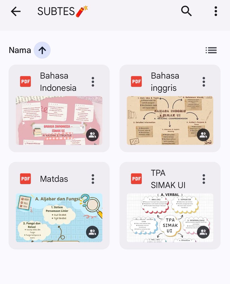 𖤐⋆｡˚ ☁︎˚｡⋆｡˚☽˚｡⋆
✧ SIMAK UI ✧
✦ Subtes + Subbab ✦
⋆｡˚☽˚｡⋆☁︎˚｡⋆
drive.google.com/drive/folders/…