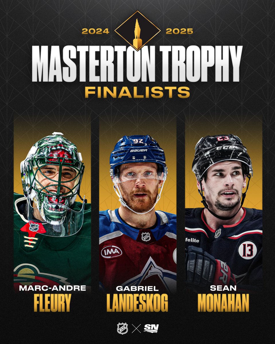 Marc-Andre Fleury, Gabriel Landeskog, and Sean Monahan are the 2024-25 Masterton Trophy finalists 👏

The award is presented "to the player who best exemplifies the qualities of perseverance, sportsmanship, and dedication to hockey"