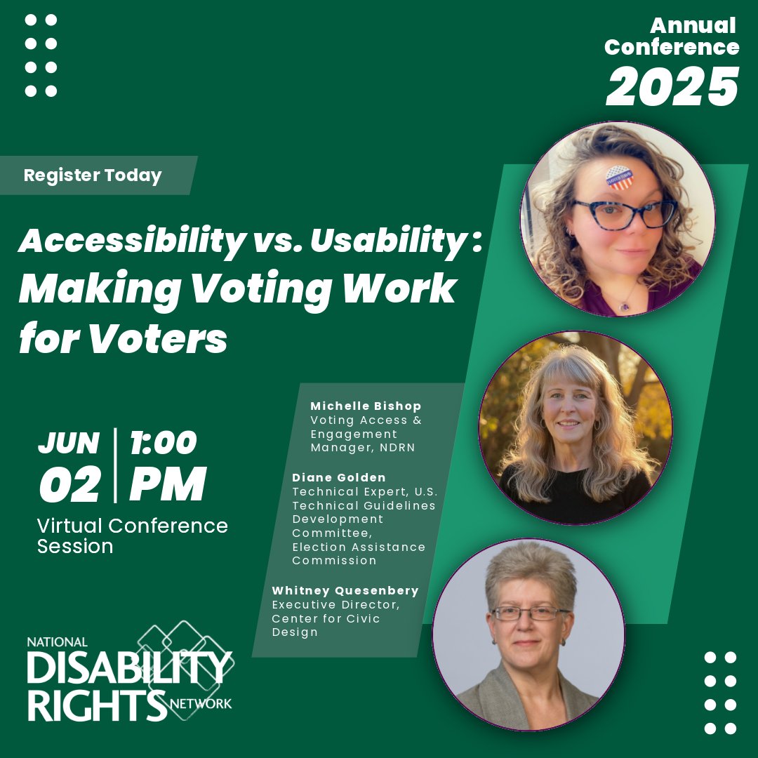NDRNadvocates's tweet photo. This must-attend session dives into legal standards, practical applications, and how voter-centered design improves access for all.
📅 Don’t miss it—register today: https://t.co/Vl6JzgG0XQ
#VotingAccess #ElectionAccessibility https://t.co/sQgcUZaABQ
