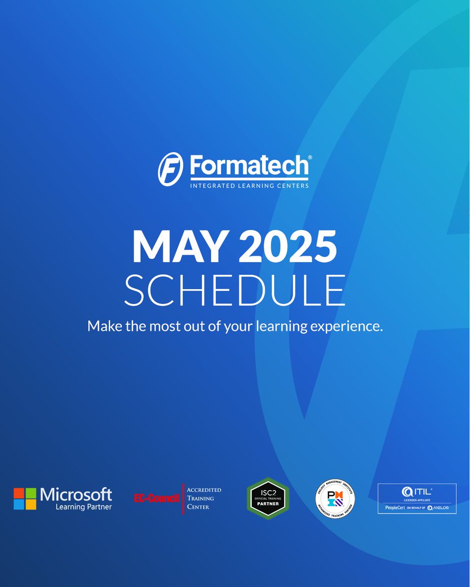 formatechedu's tweet image. Formatech training programs are all accredited by International Companies such as PMI, Microsoft, EC-Council, AWS, CompTIA, PECB, ISC2, CertNexus, PeopleCert, Cambridge and more.
Registrations are now open à bit.ly/44R6R6P

#Formatech30years #Formatech #LearnAndGrow