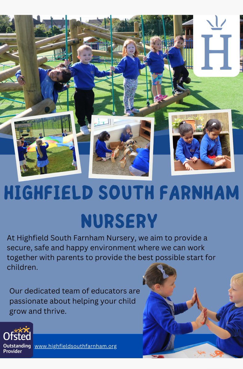 Are you looking for a nursery rated Outstanding by Ofsted? Come and visit Highfield South Farnham! 

At Highfield, their mission is to give their youngest children the confidence and freedom of choice, aiding in a smooth transition to Reception feeling happy and excited to learn!