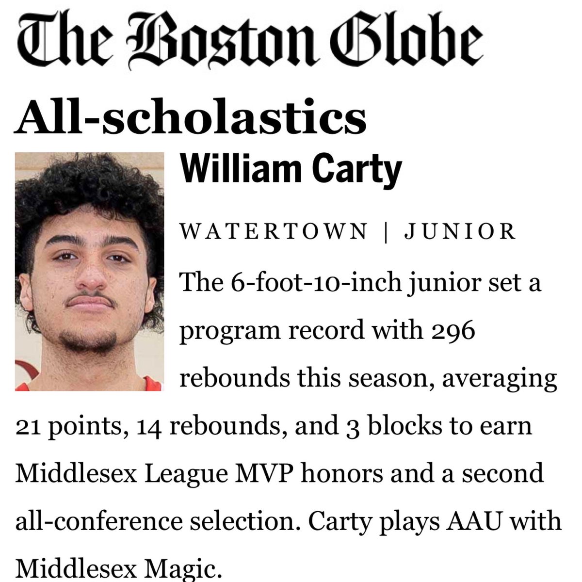 Congratulations to Will Carty on making the Boston Globe All Scholastic Team this year.  Great Player and teammate.