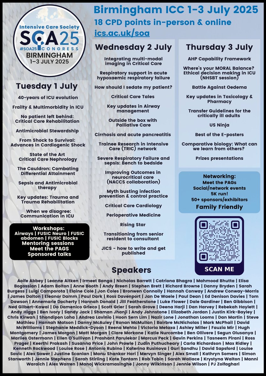 Jonny Wilkinson (@wilkinsonjonny) on Twitter photo Check out what’s in store for #SOA25
🔈 Speakers from all over the world
📋 Brilliant topics
🛜 Superb networking opportunities
#FOAMed #FOAMcc
..and there’s 🦇 #POCUS galore…
Let alone the amazing workshops!
<a href="/ICS_updates/">Intensive Care Society 💙</a> <a href="/Assoc_Anaes/">Association of Anaesthetists</a> <a href="/RCoANews/">Royal College of Anaesthetists</a> Check out what’s in store for #SOA25
🔈 Speakers from all over the world
📋 Brilliant topics
🛜 Superb networking opportunities
#FOAMed #FOAMcc
..and there’s 🦇 #POCUS galore…
Let alone the amazing workshops!
<a href="/ICS_updates/">Intensive Care Society 💙</a> <a href="/Assoc_Anaes/">Association of Anaesthetists</a> <a href="/RCoANews/">Royal College of Anaesthetists</a>