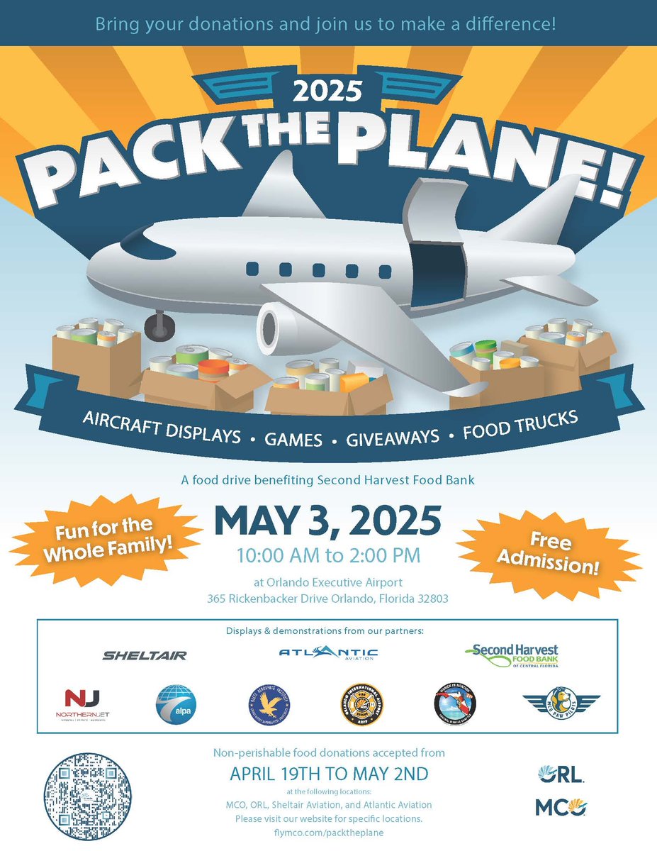 Orlando International Airport (@mco) on Twitter photo Happening tomorrow: Pack the Plane - a family-friendly food drive & aviation celebration event benefiting Second Harvest Food Bank. 🥫 
🗓️ Saturday, May 3, 2025 
⏰ 10am–2pm 
📍 Orlando Executive Airport
Details: bit.ly/44pYfnu Happening tomorrow: Pack the Plane - a family-friendly food drive & aviation celebration event benefiting Second Harvest Food Bank. 🥫 
🗓️ Saturday, May 3, 2025 
⏰ 10am–2pm 
📍 Orlando Executive Airport
Details: bit.ly/44pYfnu