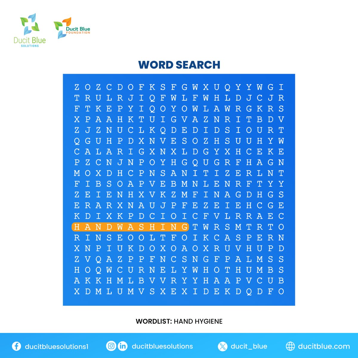 Ducit_Blue's tweet photo. World #HandHygiene Day 2025 is almost here!
Can you find all the hidden words related to hand hygiene in our word search?
Drop your answers in the comment section.
Play & Share!
“Clean hands save lives”
#Healthcare #GlobalHealth #stayhealthy #wellness #DucitBlueSolutions https://t.co/R2FCvEe0lz