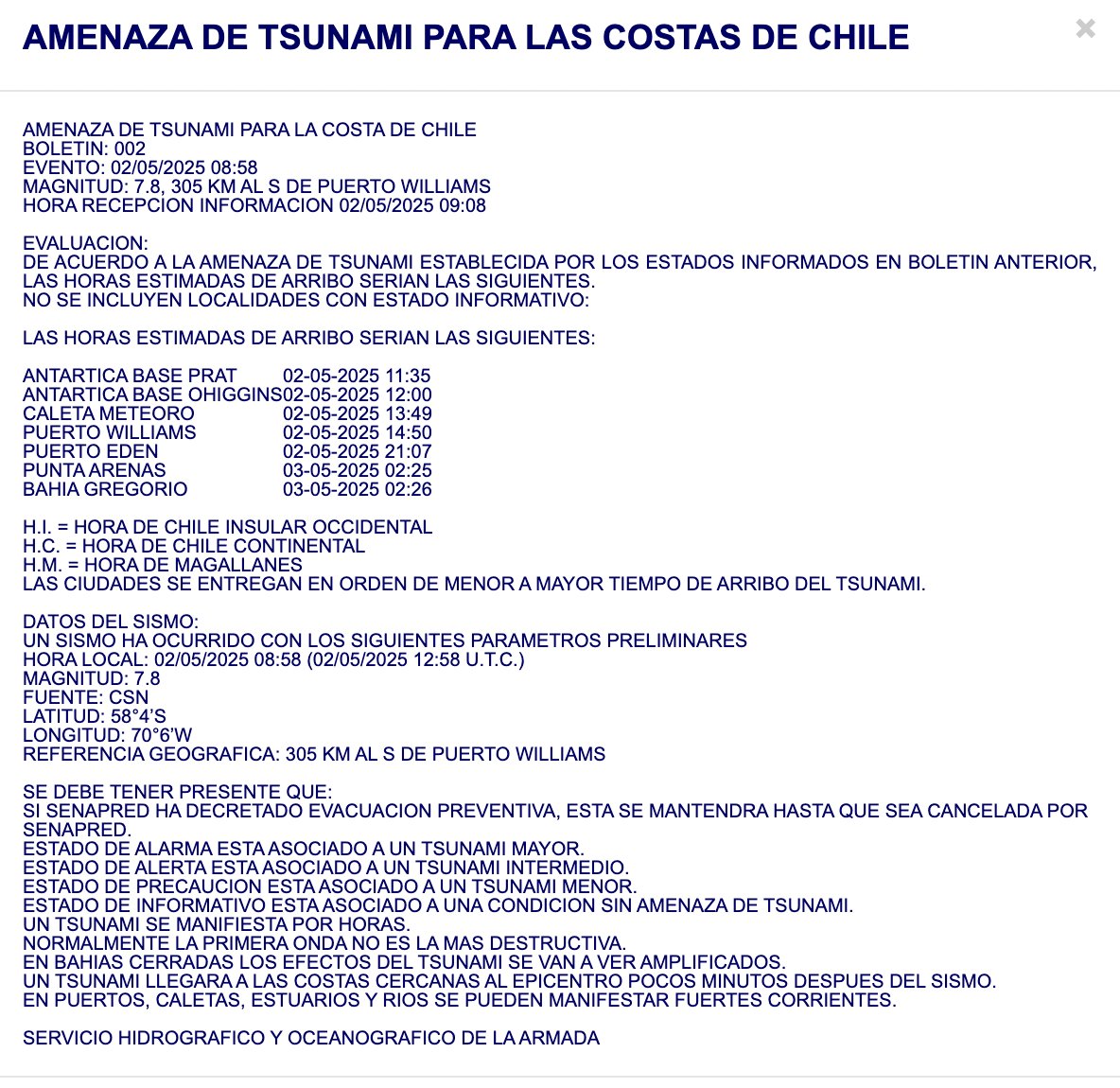 Alerta de Tsunami para Ushuaia. Si ya se, dice Chile pero es que el subnormal que votaron acá eliminó hasta los termómetros