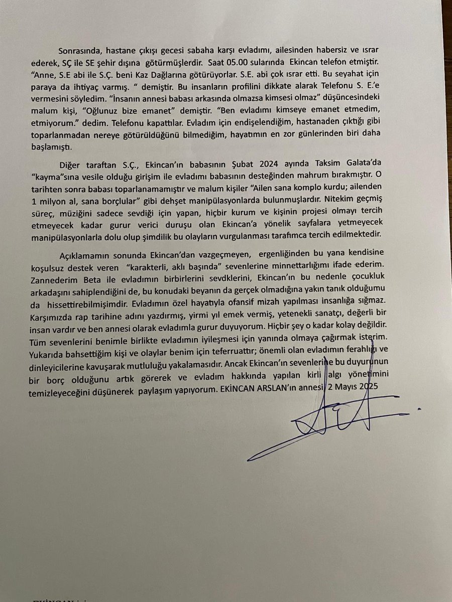 Arkadaşlar merhaba, 

Sansar Salvo kardeşimin annesi Arzu Girgin’in bana ulaşarak sosyal medya hesaplarımdan yayınlamam ricasıyla ilettiği açıklamayı sizlerle paylaşıyorum. 

Ekincan’ın daha da güçlenerek bu dönemi atlatacağına olan inancımız yüksek. Sürecin takipçisiyiz. Sizler
