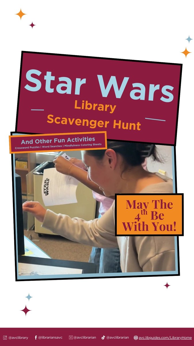 AVCLibrarian's tweet photo. Have Fun With Our Star Wars #Library Scavenger Hunt | May 1st - 5th | Lancaster Library, During Open Hours!
*
#AVCLibrary #AVCLibraryPalmdaleCenter #StarWarsDay #AntelopeValleyCollege #MayThe4thBeWithYou #StarWars #SciFi #ScavengerHunt #CriticalThinking @avcollegeca https://t.co/ML43C0HGgI