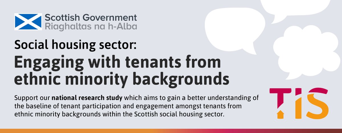 📣National research study: Engaging with tenants from ethnic minority backgrounds

Social housing providers invited to take part in a national research study that aims to pave the way for a more inclusive future for TP &amp; engagement practices in Scotland.
👉tinyurl.com/475f3bnx