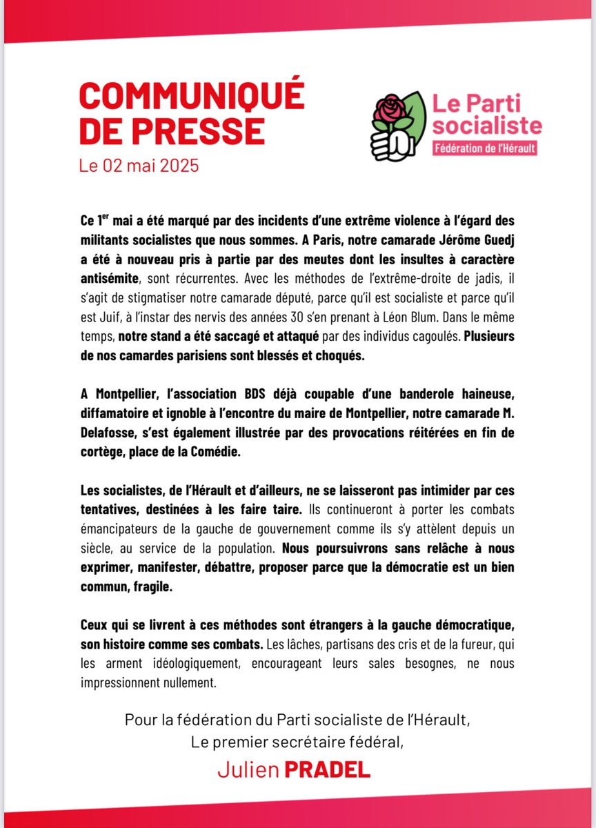Le communiqué de presse de la fédération de l’Hérault suites aux graves événements qui ont émaillé le 1 mai.