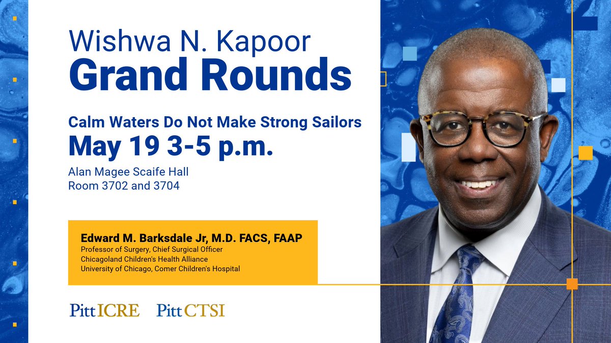 Pitt Institute for Clinical Research Education (@pitticre) on Twitter photo 🗓️ Happening today! Dr. Edward Barksdale (<a href="/emb7658/">Edward M Barksdale, Jr MD</a>) presents “Calm Waters Do Not Make Strong Sailors” at the Wishwa N. Kapoor Grand Rounds. See you there! #GrandRounds #PittMedicine
🕒 3–5 PM | 📍 Scaife Hall 🗓️ Happening today! Dr. Edward Barksdale (<a href="/emb7658/">Edward M Barksdale, Jr MD</a>) presents “Calm Waters Do Not Make Strong Sailors” at the Wishwa N. Kapoor Grand Rounds. See you there! #GrandRounds #PittMedicine
🕒 3–5 PM | 📍 Scaife Hall