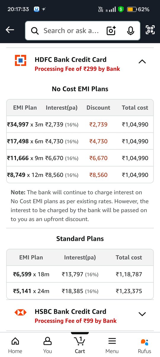 RajAnkit2163's tweet image. Hey @AmazonHelp,@amazonIN @amazon why is the same product showing ₹1,04,990 in one EMI screen and ₹87,240 in another with HDFC Credit Card? Major glitch or misleading pricing? Please clarify before I proceed. #AmazonIndia #EMIIssue