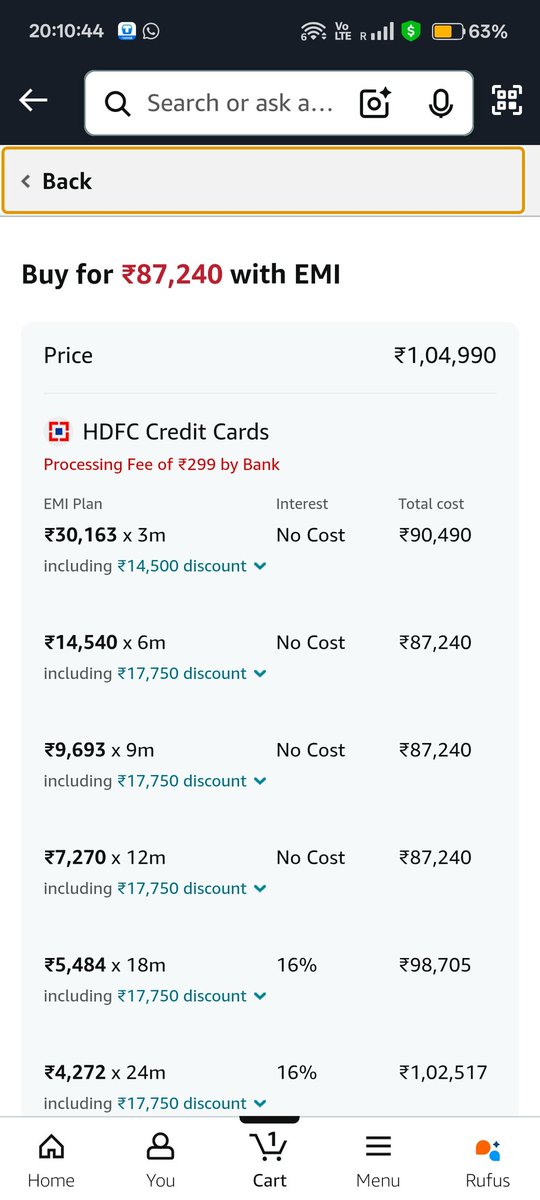 RajAnkit2163's tweet image. Hey @AmazonHelp,@amazonIN @amazon why is the same product showing ₹1,04,990 in one EMI screen and ₹87,240 in another with HDFC Credit Card? Major glitch or misleading pricing? Please clarify before I proceed. #AmazonIndia #EMIIssue