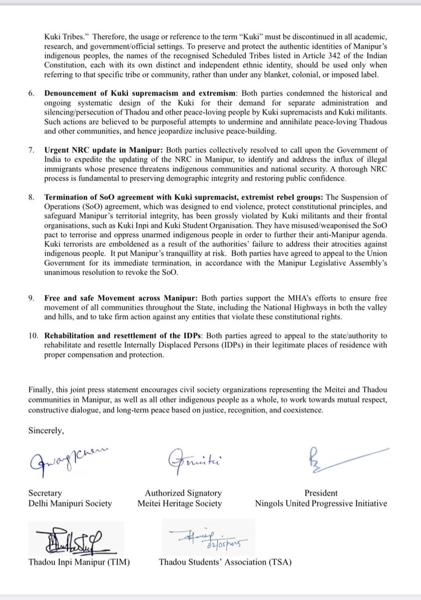 Thadou Tribe and Meitei CSOs Agree to Protect Manipur's Integrity and Unity, Seek NRC And Deletion of Any Kuki Tribes' from ST List.

We also encourage other Meitei and Thadou CSOs and Indigenous tribes in Manipur to work towards mutual respect, constructive dialogue, and