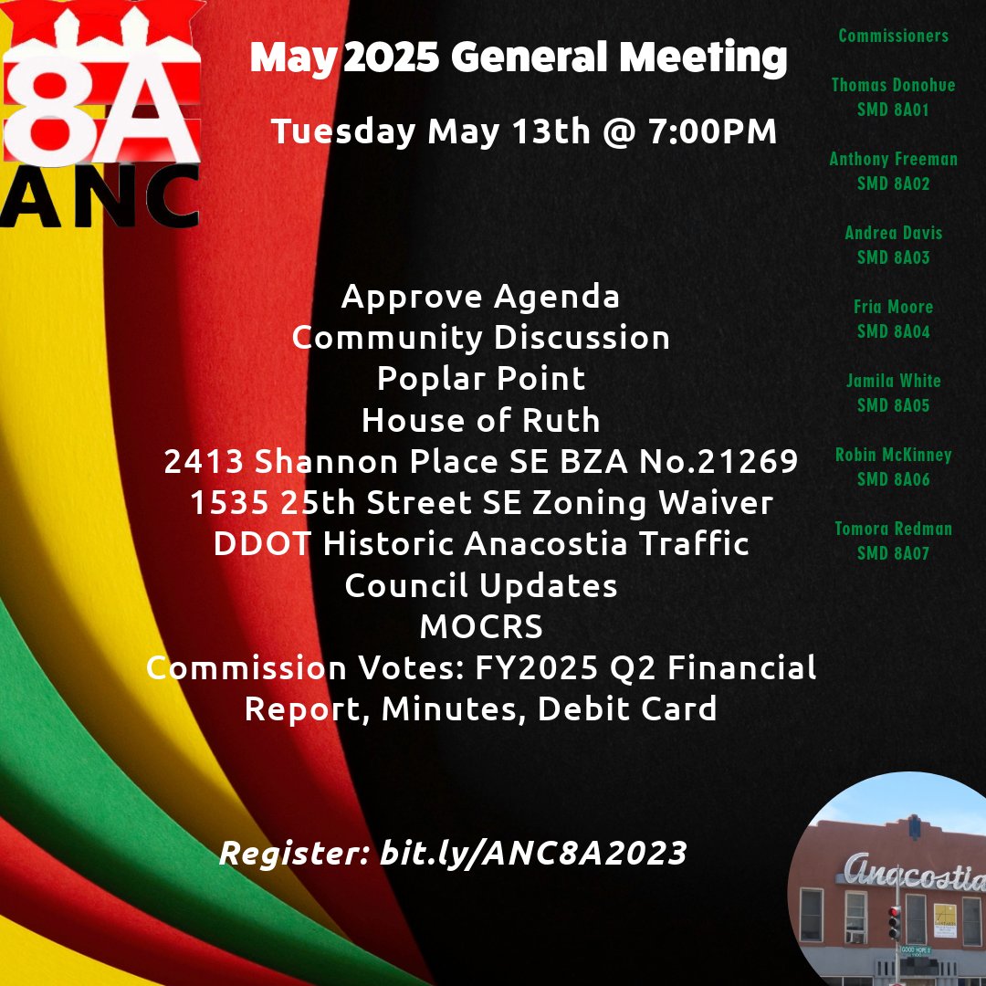 Peace beloveds! Happy Friday! ANC 8A's next meeting is  (not next Tuesday)