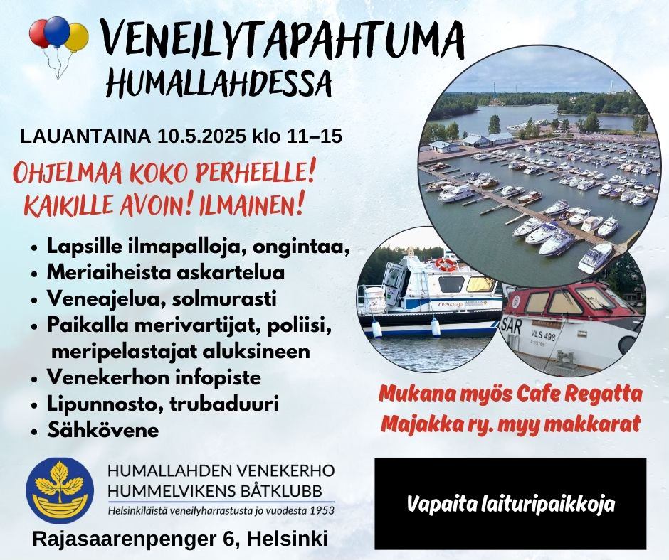 Yksi Helsingin parhaista venekerhoista esittäytyy. Tule kuulemaan veneturvallisuudesta viranomaisilta ja meripelastajilta, joita paikalla!