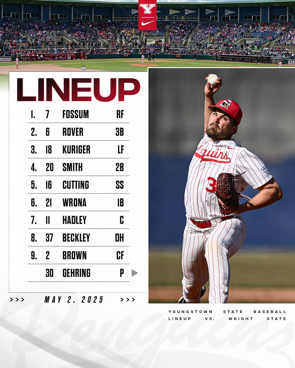 YSUBaseball's tweet photo. 𝑳𝑰𝑵𝑬𝑼𝑷 is set for Game 1⃣ of today's #HLBASE doubleheader vs. Wright State! 🐧⚾️

First pitch from Eastwood Field coming up just after 1 p.m.

#GoGuins // #FeedTheRaft https://t.co/I5gBmc9nh8