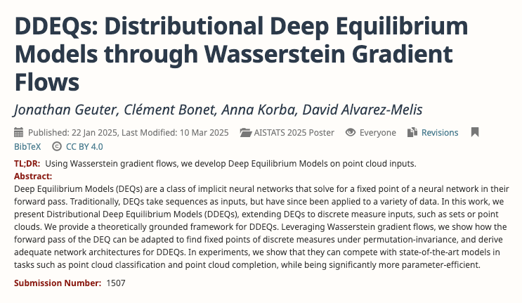 Kempner Institute at Harvard University (@kempnerinst) on Twitter photo If you're at #AISTATS2025, check out the presentation by Jonathan Geuter, in collaboration with <a href="/Clement_Bonet_/">Clément Bonet</a> , <a href="/Korba_Anna/">Anna Korba</a> and <a href="/elmelis/">David Alvarez Melis</a>.
'DDEQs: Distributional Deep Equilibrium Models through Wasserstein Gradient Flows'
openreview.net/forum?id=rFfNu…
#AI #statistics #ML If you're at #AISTATS2025, check out the presentation by Jonathan Geuter, in collaboration with <a href="/Clement_Bonet_/">Clément Bonet</a> , <a href="/Korba_Anna/">Anna Korba</a> and <a href="/elmelis/">David Alvarez Melis</a>.
'DDEQs: Distributional Deep Equilibrium Models through Wasserstein Gradient Flows'
openreview.net/forum?id=rFfNu…
#AI #statistics #ML