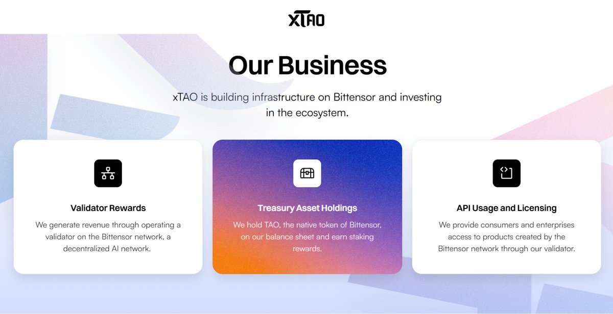 DreadBong0's tweet image. Introducing #xTAO ⚫️

The first public company providing investors with direct exposure to #Bittensor

accessnewswire.com/newsroom/en/bl…

"Bittensor is rapidly emerging as the "Bitcoin of AI", and xTAO will be well-positioned to capitalize on its growth potential through the operation of…