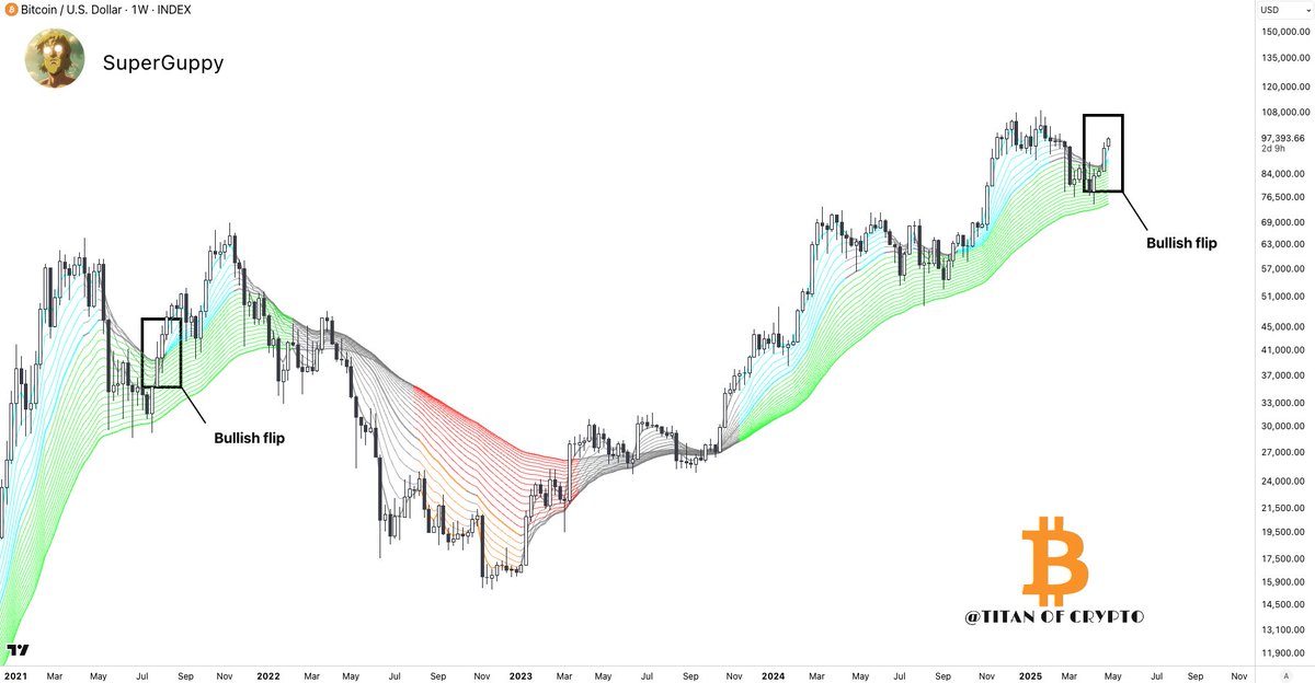 #Bitcoin SuperGuppy Bullish Flip 

The SuperGuppy indicator just flipped bullish the weekly timeframe. 

Momentum is shifting back in favor of the bulls. 📈