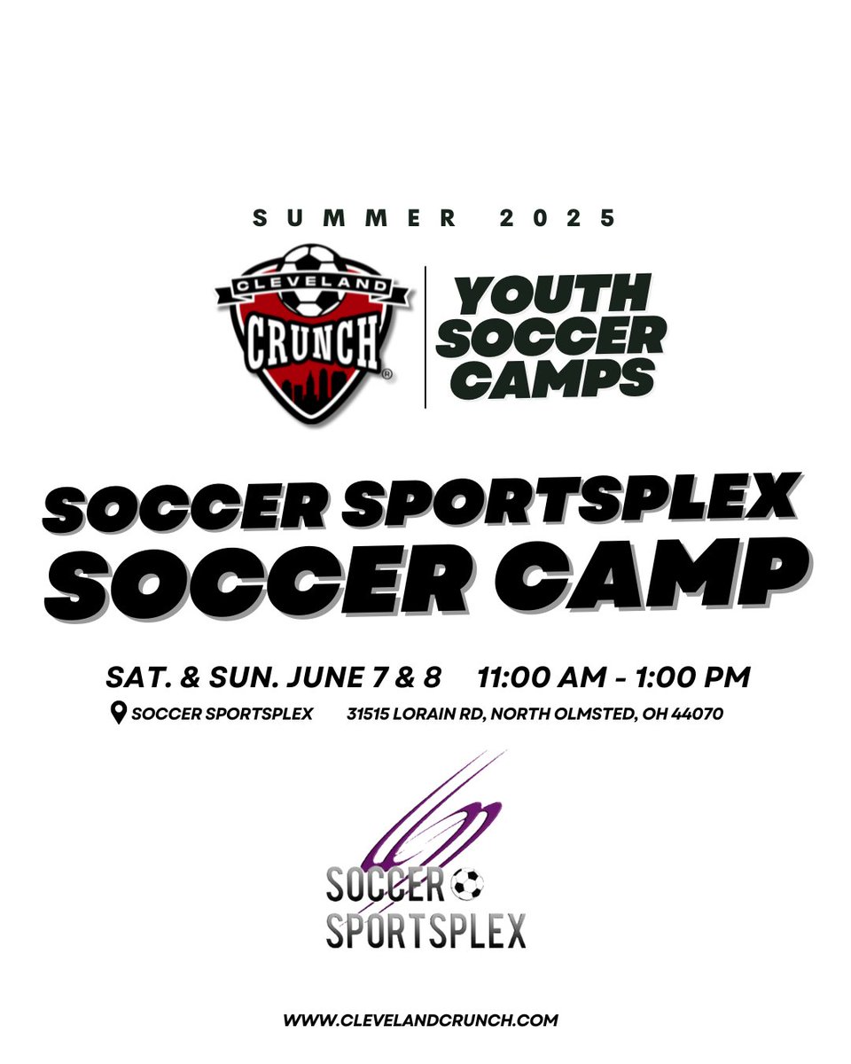 We have a youth soccer camp coming near you! Introducing our first youth soccer camp of the 2025 summer at the Soccer Sportsplex in North Olmsted June 7 &amp; 8. 

This camp will take place from 11:00 AM - 1:00 PM Saturday and Sunday. The U6 age group will have a dedicated session