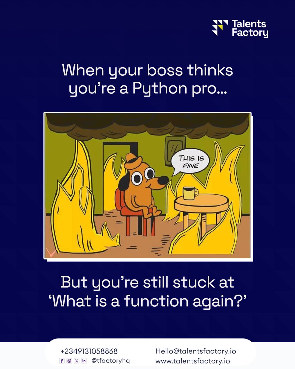 tfactoryhq's tweet image. Time to stop faking it.
Python Mastery: Zero to Hero starts May 19th 

Comment “ZERO TO HERO” or hit the link on our bio to get started.

#TalentsFactory #LearnPython #TechStruggles