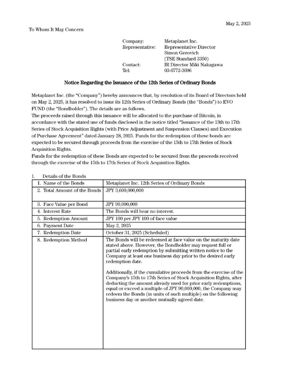 🇯🇵 Metaplanet daha fazla #Bitcoin satın almak için 3,6B¥ (~25M$) değerinde tahvil ihraç etti.