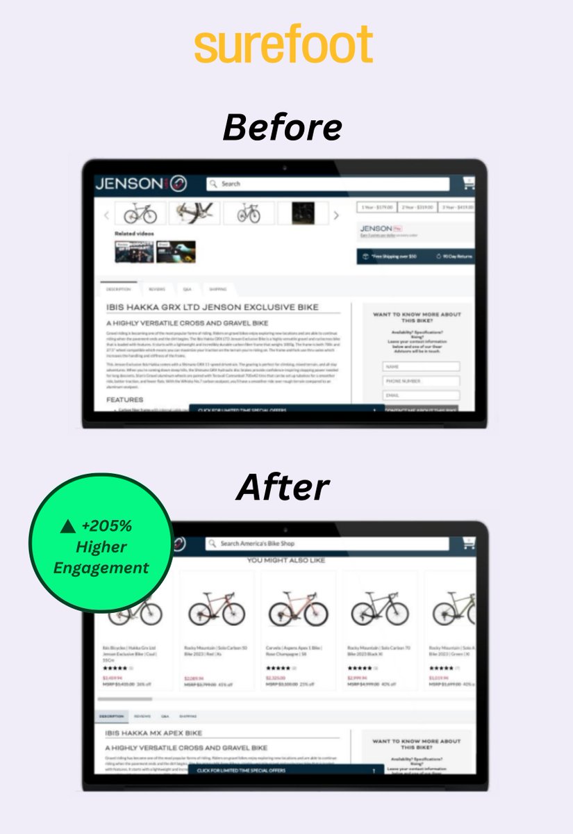 Moving product recommendations above the fold unlocked a +205% engagement surge for JensonUSA.

Our A/B test ran 43 days across 534,912 visitors testing TOC placement on product pages.

Small layout changes, significant revenue impact.

Data proves what converts.