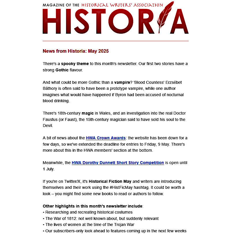 The May Historia newsletter's on its way!
Check your inbox for a five-minute roundup of all the latest from the history and historical fiction magazine.
This month has a spooky, magical, Gothic tone.
It's Friday afternoon - take five minutes to top up your history knowledge