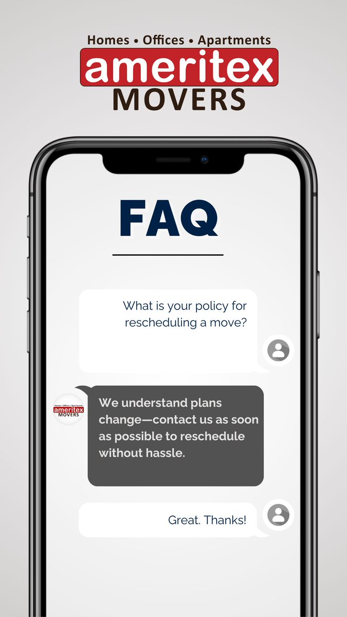AmeritexMovers's tweet image. 🔄 Need to Reschedule Your Move? We’ve Got You!
Life happens, and we get it! If you need to change your moving date, just reach out to us as soon as possible. We’ll work with you to reschedule stress-free! 💪✨

#FAQTime #StressFreeMoving #AmeritexMovers