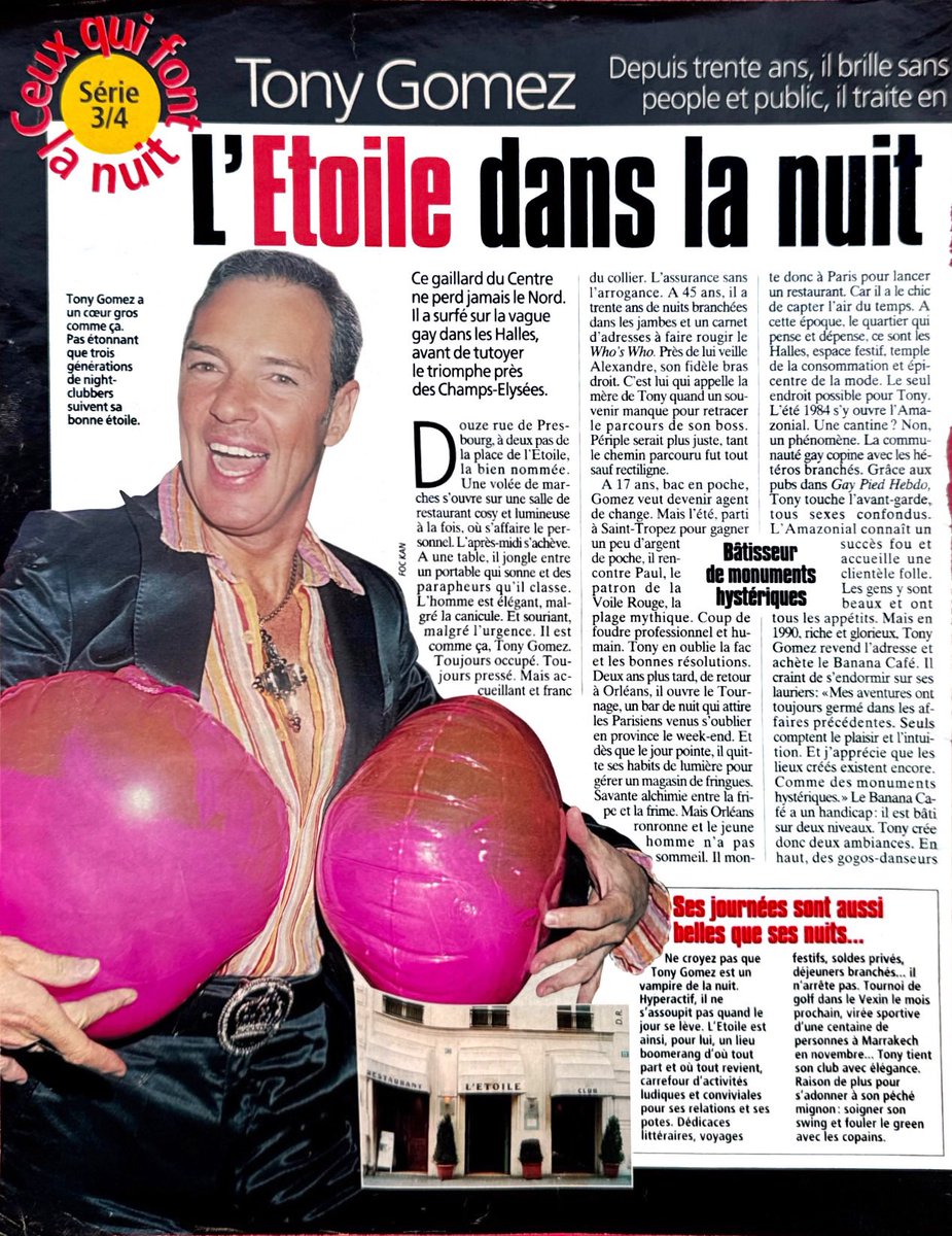 TonyGomez_Paris's tweet image. Souvenir de l’Étoile : deux pages dans Voici en mars 2003… déjà 22 ans ! C’était l’époque magique de l’Étoile, avec Naomi Campbell, Pamela Anderson et mon amie Muriel Robin. Que de souvenirs inoubliables !

#TonyGomez #parisbynight #letoile #2003 #pamelaanderson #naomicampbell
