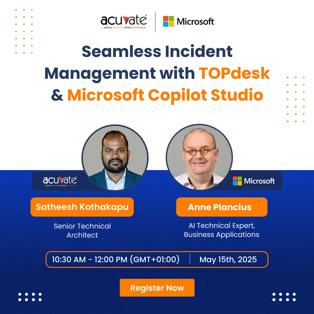 Acuvate's tweet image. Join Anne Plancius and Sateesh Kothakapu to see how Copilot Studio makes it effortless to search knowledge, check incident status, and raise tickets — all in one place.
👉 hubs.li/Q03kPhYN0

#IncidentManagement #MicrosoftCopilotStudio #TOPdesk